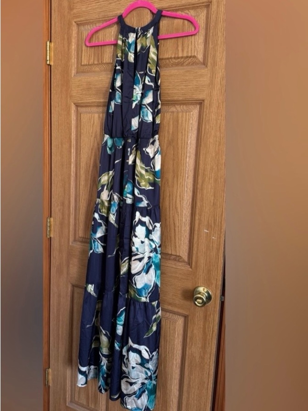 Nicole Miller Navy Maxi Dress with Teal and Cream Floral Print - Picture 2 of 5
